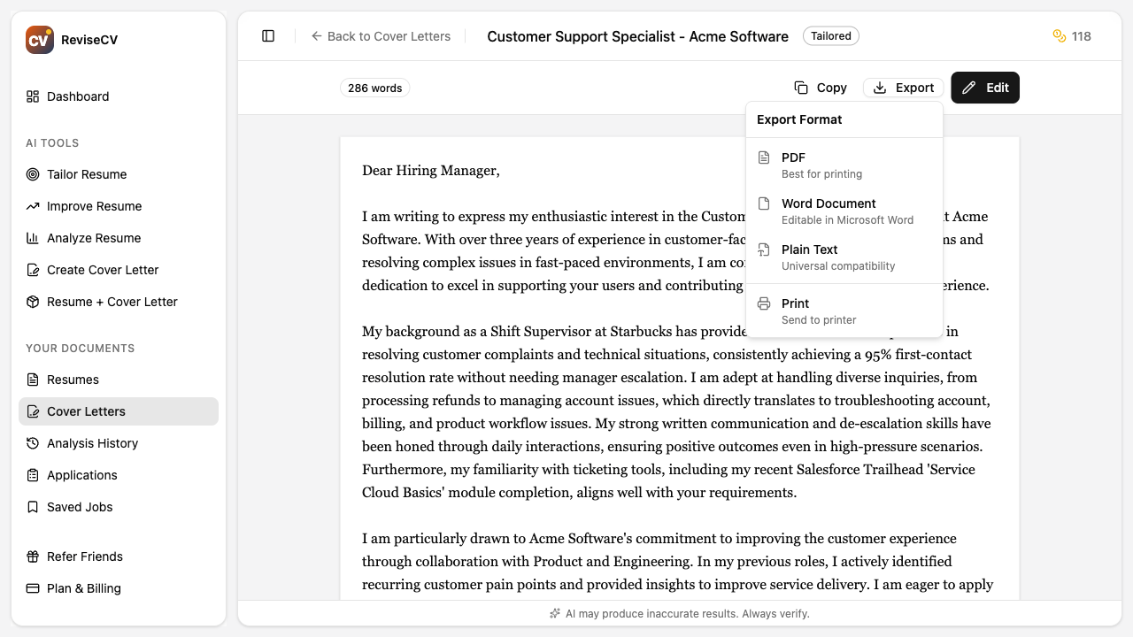 Download and copy options for the cover letter