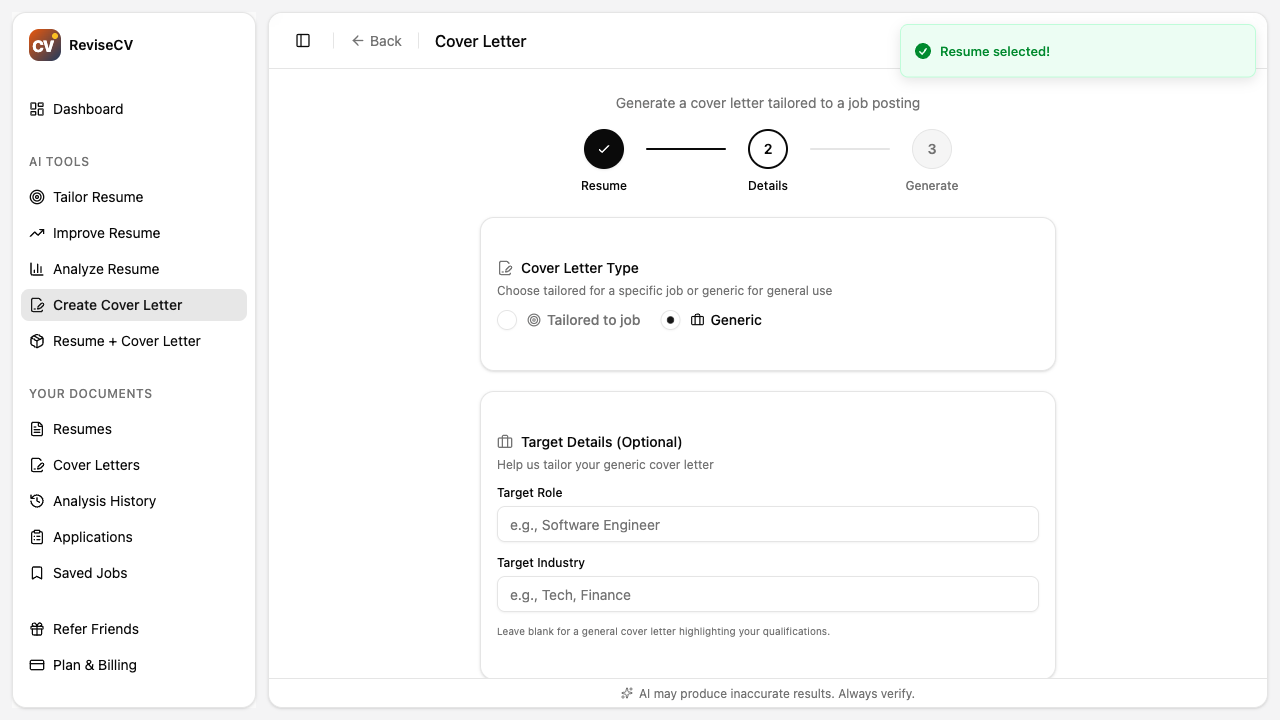 Generic cover letter input fields for role and industry
