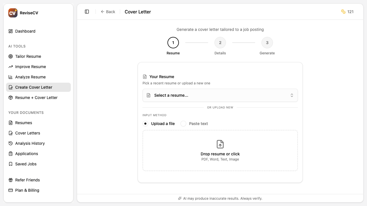 Cover letter type selection showing tailored and generic options