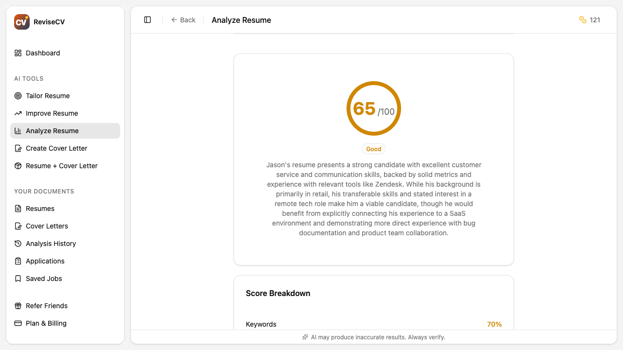 Score breakdown panel showing keyword match, skills alignment, experience relevance, and format readability