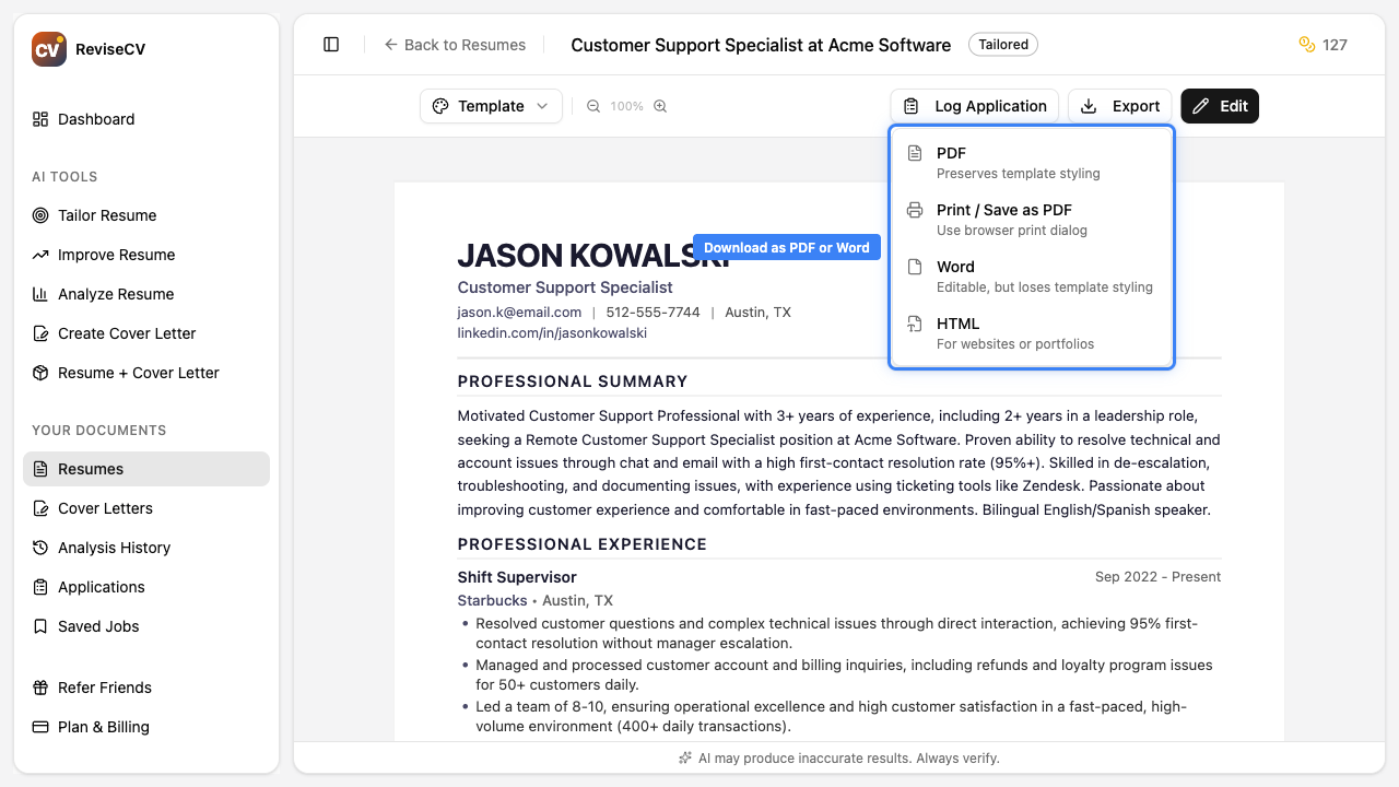 Download options for the tailored resume