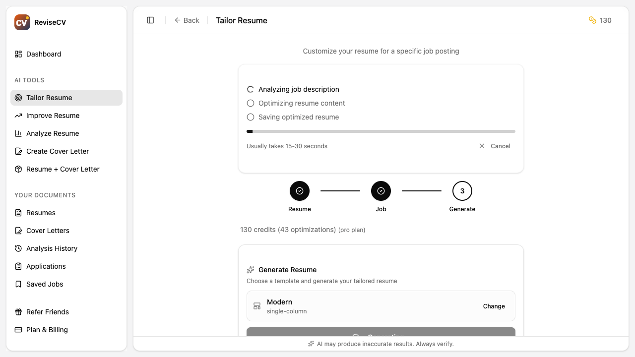 Progress indicator during resume generation