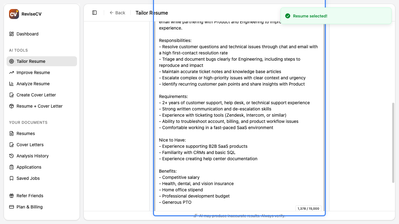 Job description input step with a pasted job posting
