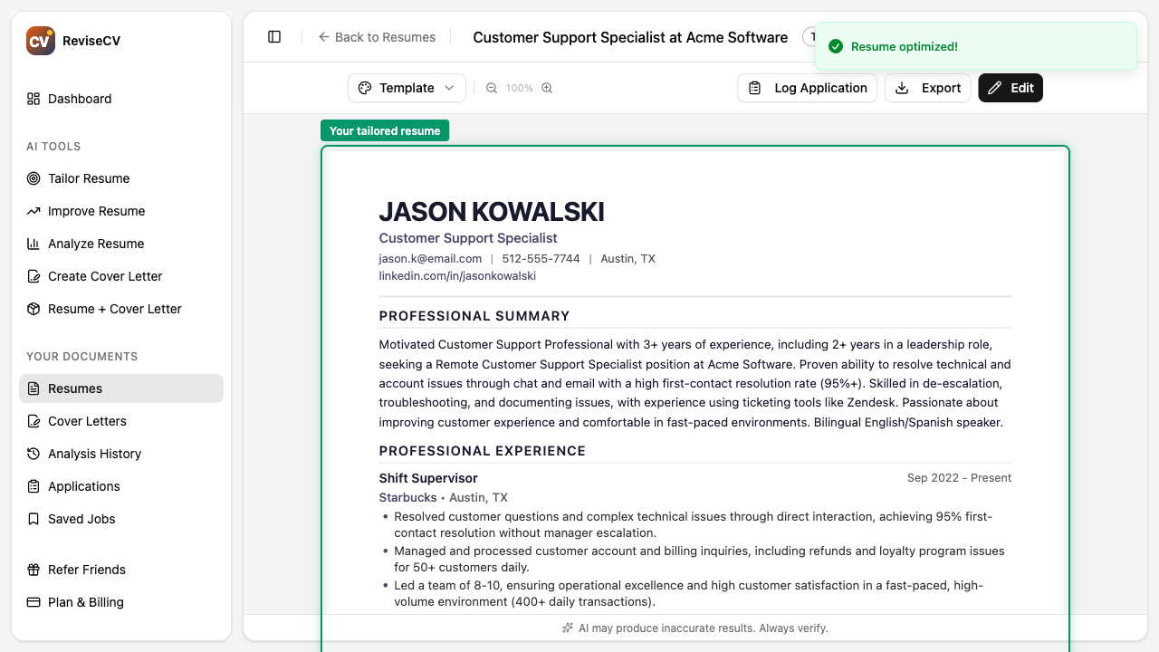 Results page showing the tailored resume preview