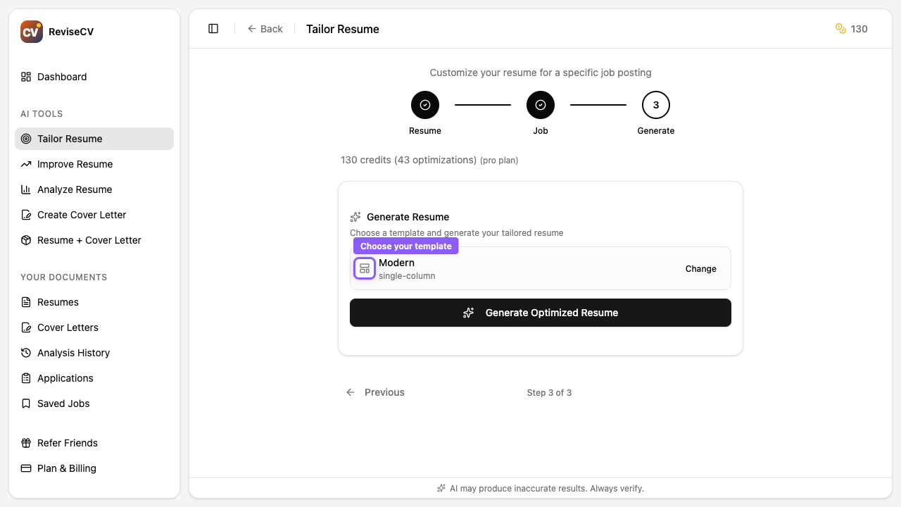 Template selection step within the tailor flow