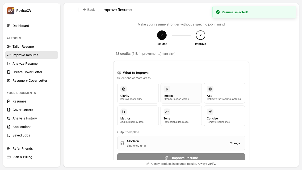 Focus area selection in Improve Resume