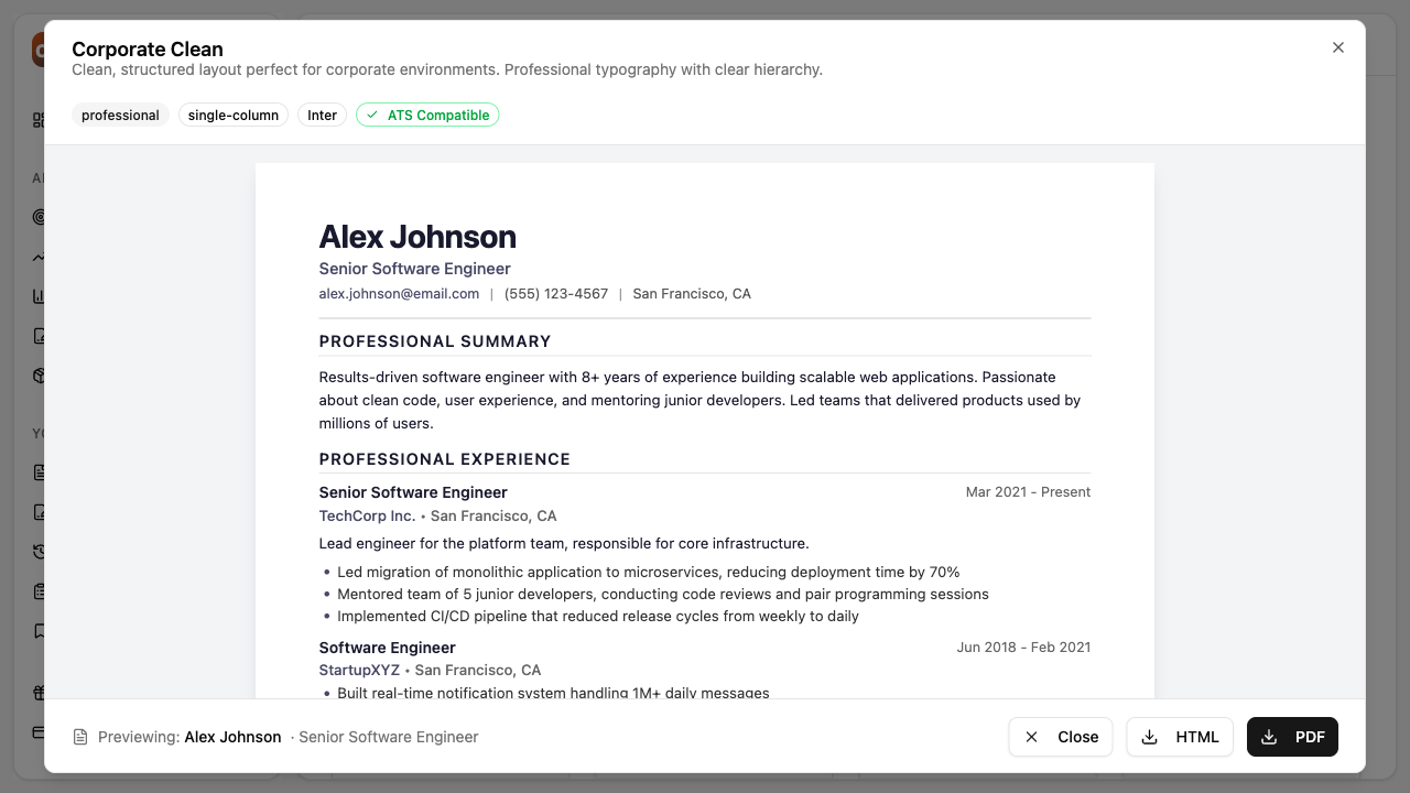 Switching between template previews in ReviseCV